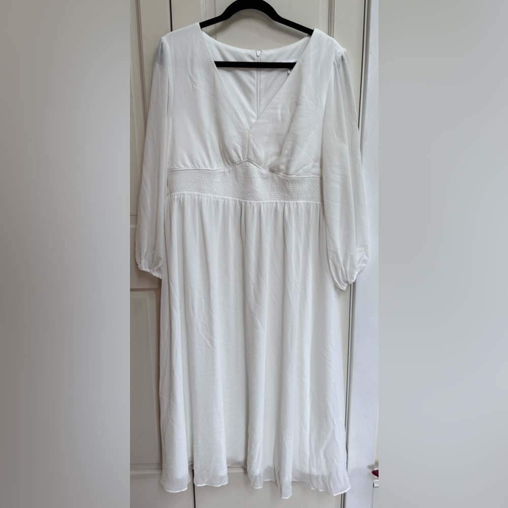 Ever Pretty White Midi Dress Sz 16 Smocked Waist Long Sleeve